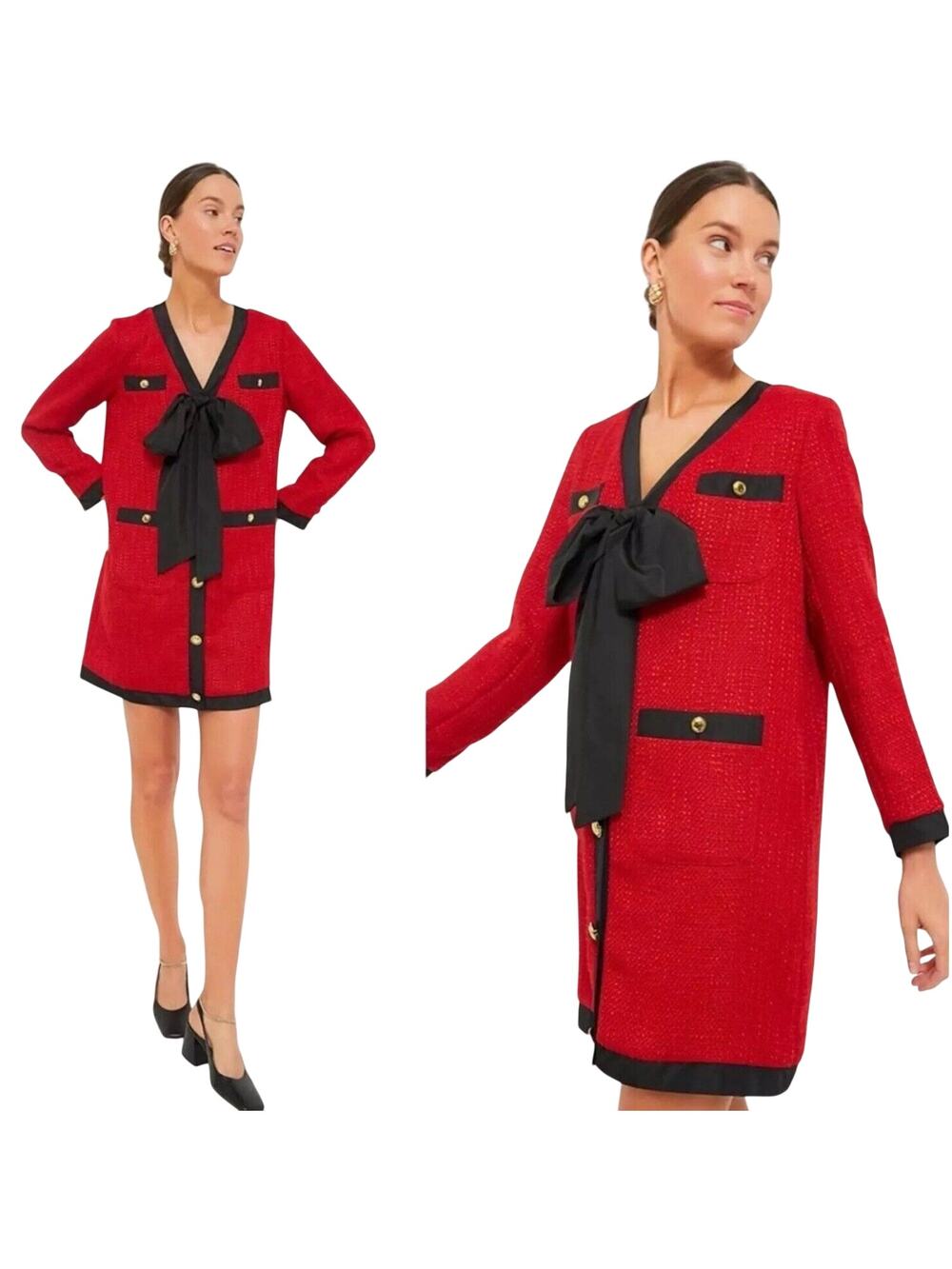 Read* Pomander Place Dress Women’s Small Red Coco Tweed Bow Tuckernuck 0773-14 - Picture 1 of 12